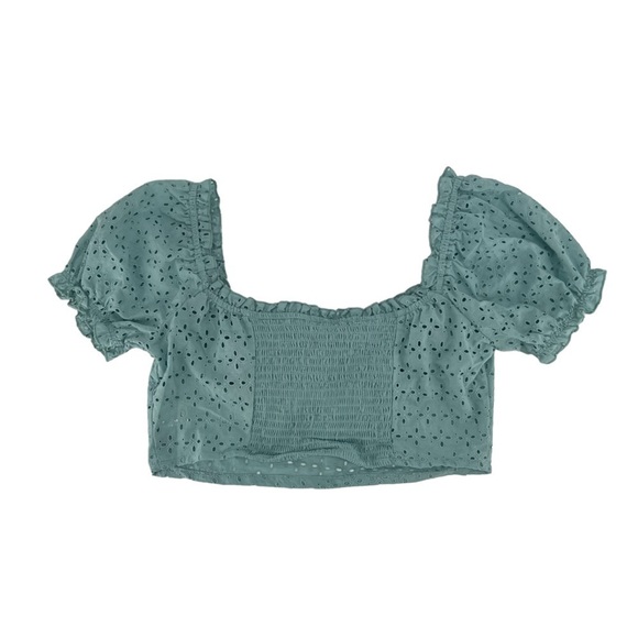 NWT Love Tree Mint Puff Sleeve Crop Off The Shoulder Top Size Large Women’s - Picture 3 of 5